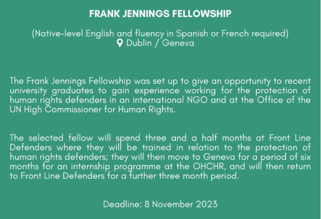 Frank Jennings Fellowship to work in an international NGO and at the Office of the UN High Commissioner for Human Rights (OHCHR)