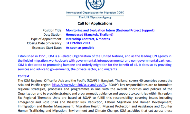 Monitoring and Evaluation Intern Position at IOM (Regional Project Support): HOMEBASED