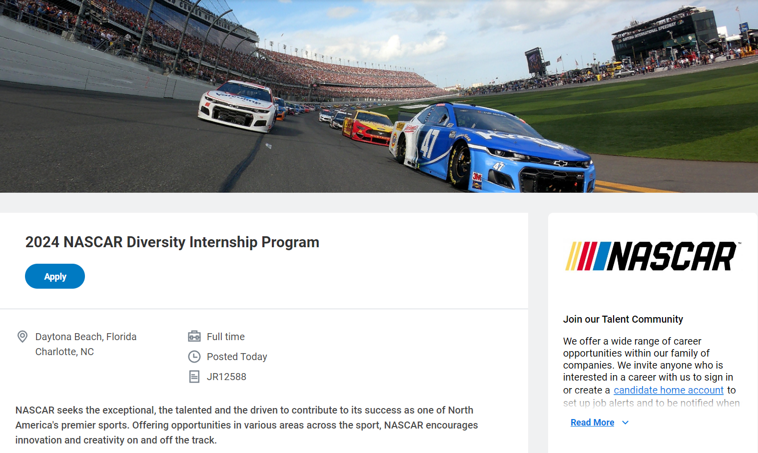2024 NASCAR Diversity Internship Program (Be eligible to work in the U