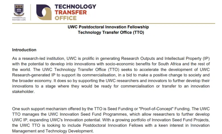 University of the Western Cape Postdoctoral Innovation Fellowship Technology Transfer Office (TTO)