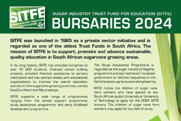 The Sugar Industry Trust Fund for Education Bursary (SITFE Bursaries) for Young South Africans