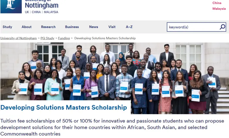 Developing Solutions Masters Scholarship for international students to study at the University of Nottingham (UK)