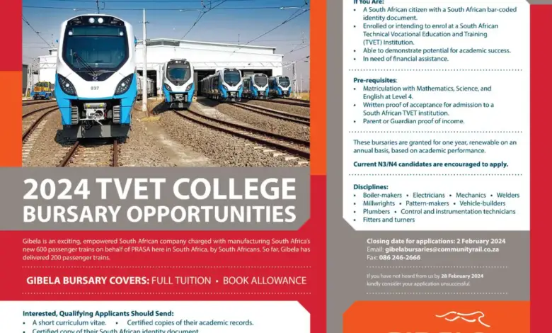 Gibela Rail 2024 TVET College Bursary Opportunities for Young South African Citizens