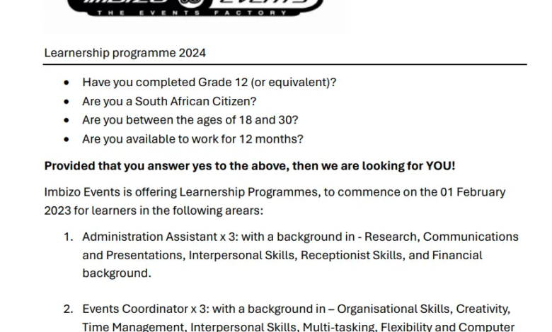 Imbizo Events Learnership Programme: Apply if you are a South African and have completed Grade 12 (or equivalent)