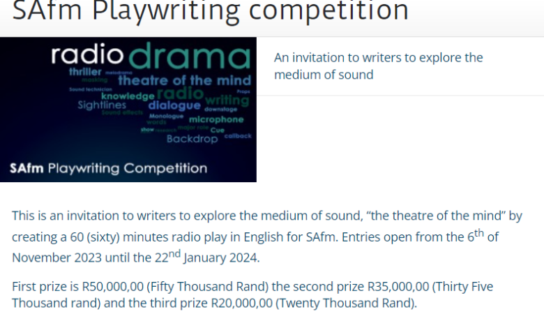 SABC SAfm Playwriting competition (First prize is R50 000, the second prize is R35 000, and the third prize is R20 000)