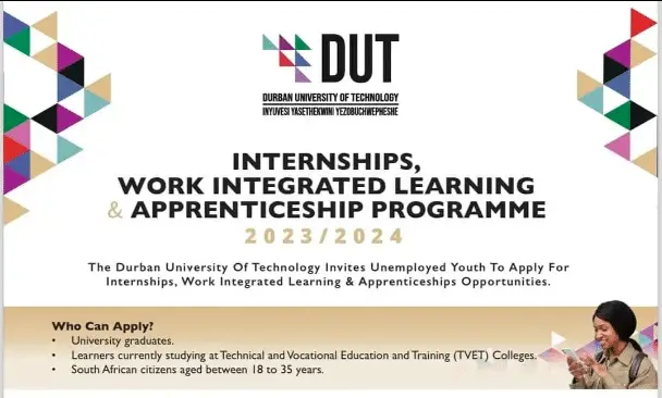 Durban University of Technology Internships, Work Integrated Learning and Apprenticeship Programme 2024 for Young South African Citizens