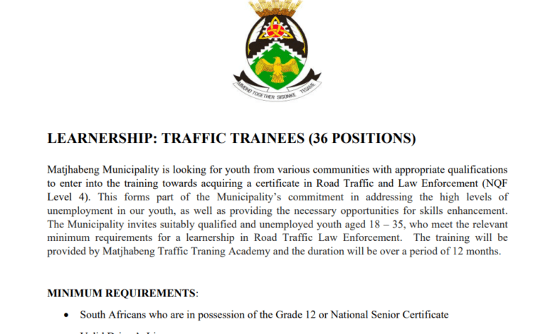 36 Traffic Trainees Positions For South African Unemployed Youths From Various Communities At Matjhabeng Municipality