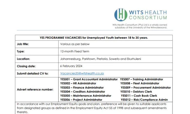 YES PROGRAMME VACANCIES for South African Unemployed Youth between 18 to 35 years (Wits Health Consortium)