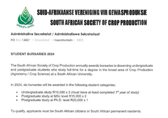 South African Society Of Crop Production Bursary To Deserving South African Students Who Want Or Studying Crop Production (Agronomy/Crop Science) At A South African University