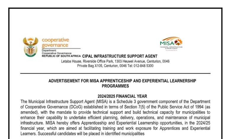 The Municipal Infrastructure Support Agent (MISA) Apprenticeship and Experiential Learnership Programmes for Young South Africans (MISA Apprenticeship)