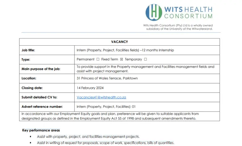 12 months Internship In Property, Project, and Facilities Fields For Young South Africans At Wits Health Consortium