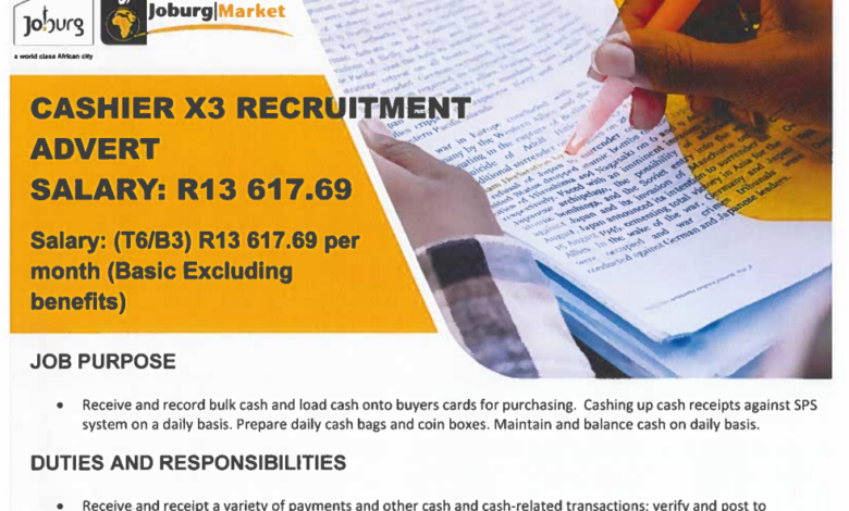 Three (3) Cashier Positions At Johannesburg Market Paying R13,617.69 Per Month