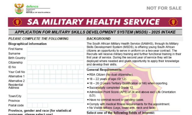 The South African Military Health Service (SAMHS) MSDS Recruitment: Call For Applications