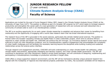 Applications are invited for the post of Junior Research Fellow (JRF), based in the Climate System Analysis Group (CSAG) at the University of Cape Town (UCT)