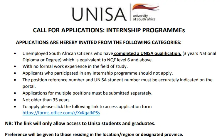 85 Internship Positions At UNISA (Stipend: R114 080.00 p.a)