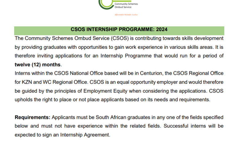 45 Internship Vacancies At The Community Schemes Ombud Service (CSOS): R6 400.00 Per Month Stipend