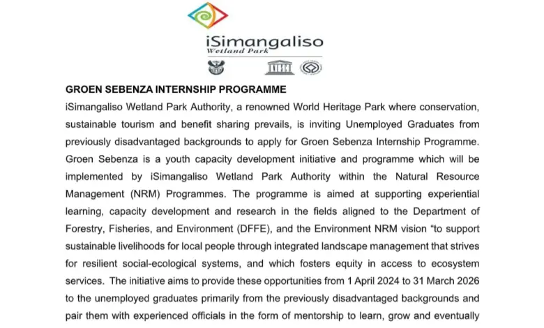iSimangaliso Wetland Park Authority is inviting Unemployed Graduates from previously disadvantaged backgrounds to apply for Groen Sebenza Internship Programme