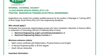 Manager-in-Training (MIT) Posts at Illovo Sugar South Africa (Pty) Ltd in two engineering disciplines