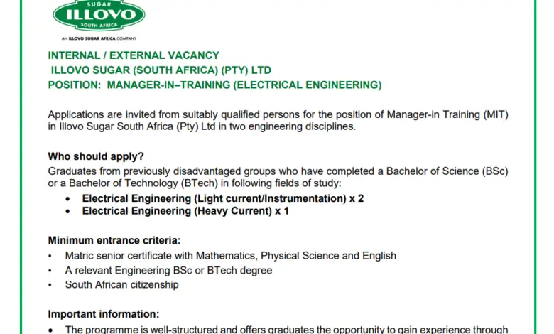 Manager-in-Training (MIT) Posts at Illovo Sugar South Africa (Pty) Ltd in two engineering disciplines
