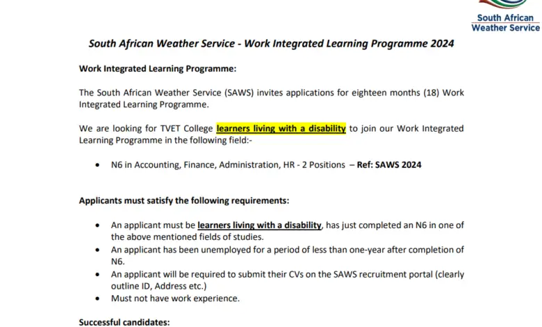 South African Weather Service Work Integrated Learning Programme 2024: Will be paid a monthly stipend of R5500