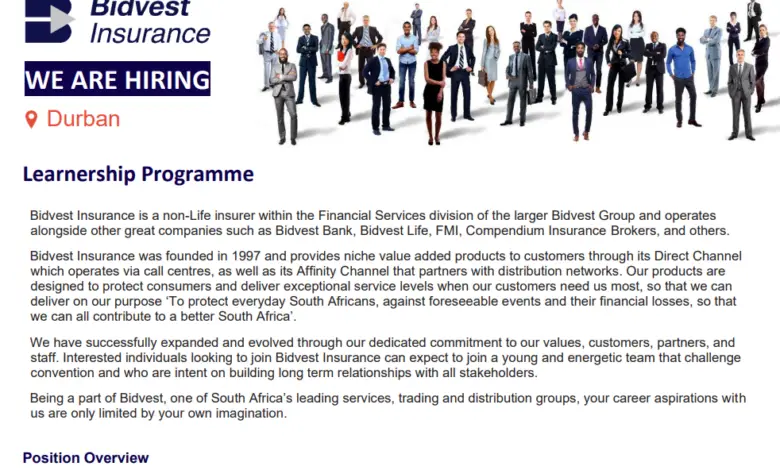 Bidvest Insurance Learnership Programme For Young South Africans (Durban)