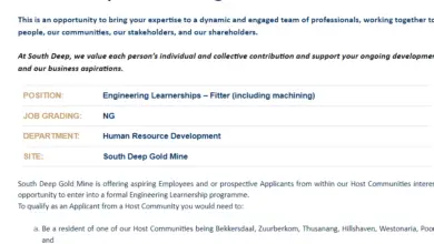 Fitter (including machining) Engineering Learnerships At South Deep Gold Mine: Grade 12 with Maths and Science
