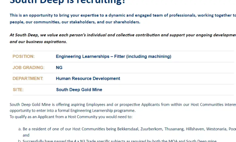 Fitter (including machining) Engineering Learnerships At South Deep Gold Mine: Grade 12 with Maths and Science