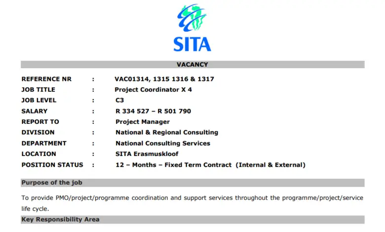 SITA Is Looking For Four (4) Project Coordinators And The Yearly Salary Is R 334 527 – R 501 790