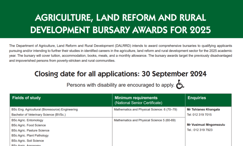 The Department of Agriculture, Land Reform and Rural Development (DALRRD) Bursary Awards For 2025