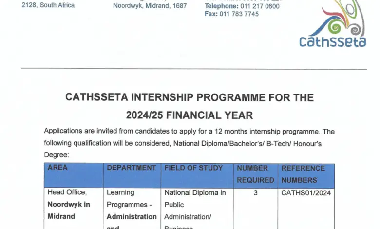 CATHSSETA Internship Programme For The 2024-25 Financial Year