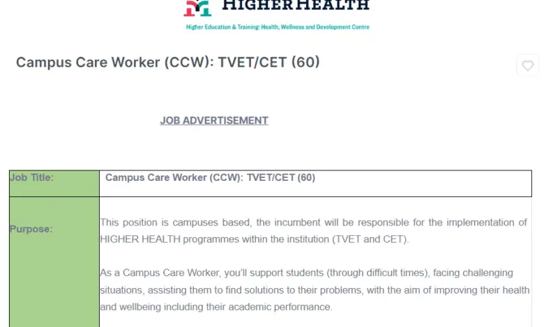 Sixty (60) Campus Care Worker (CCW) Vacancies For Young South Africans At Higher Health SA