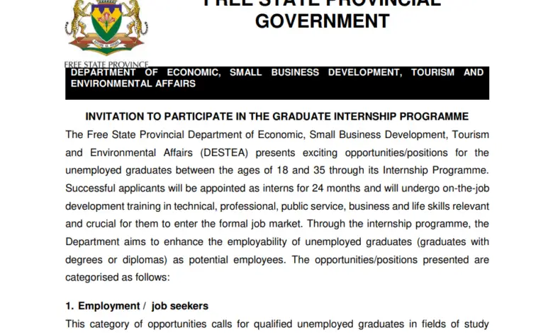 Internship Programme At The Free State Provincial Department of Economic, Small Business Development, Tourism and Environmental Affairs (DESTEA)