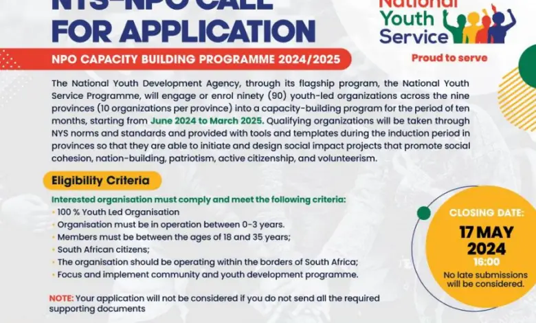 The NYDA invites youth-owned Non-Profit Organisations to apply for the 2024/2025 NYS-NPO Capacity Building Programme