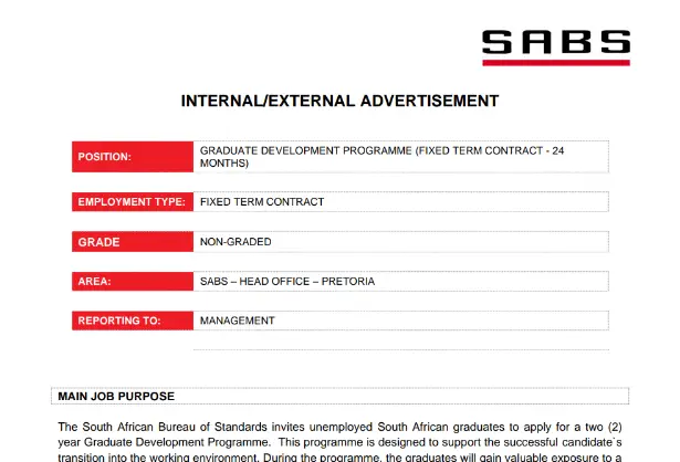 Sixty (60) Graduate Vacancies Paying R8 000.00 Monthly Salary At The South African Bureau of Standards (SABS)