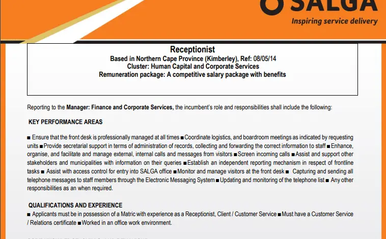 Do you want to work as a Receptionist? The South African Local Government Association is looking for a Receptionist