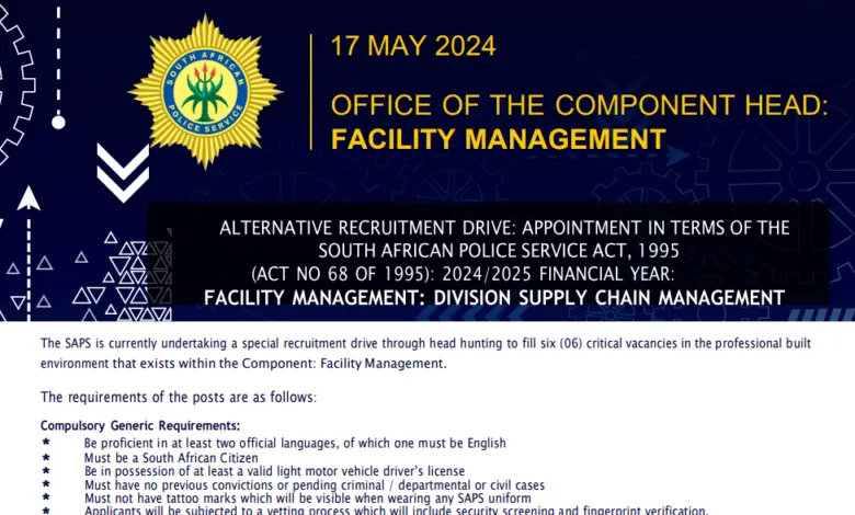 The SAPS is currently recruiting to fill six (06) critical vacancies in the professional built environment that exists within the Component: Facility Management