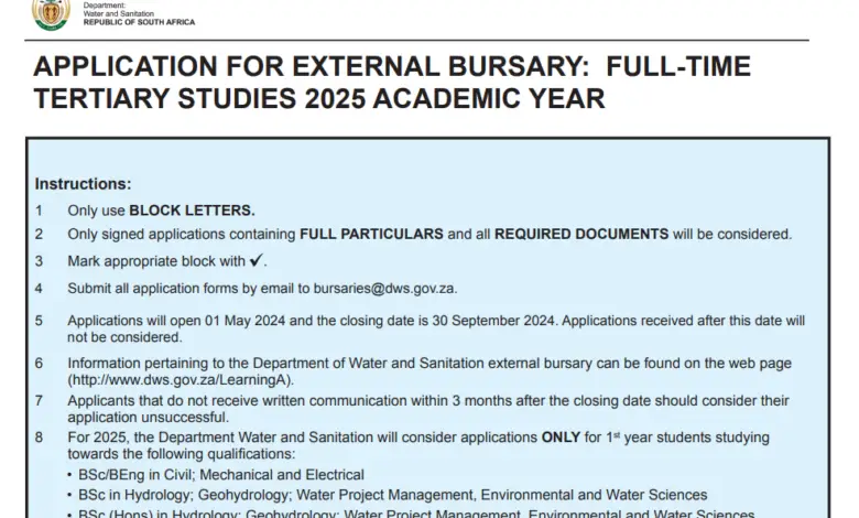 The Department Of Water And Sanitation Bursary Programme For South Africans 2025 (DWS Bursary): Apply