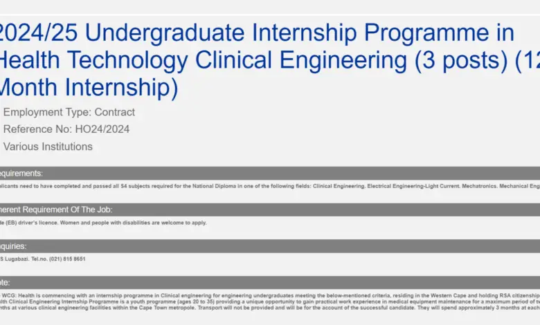 Stipend R 6 312.16 per Month Undergraduate Internship Programme in Health Technology Clinical Engineering (3 posts)