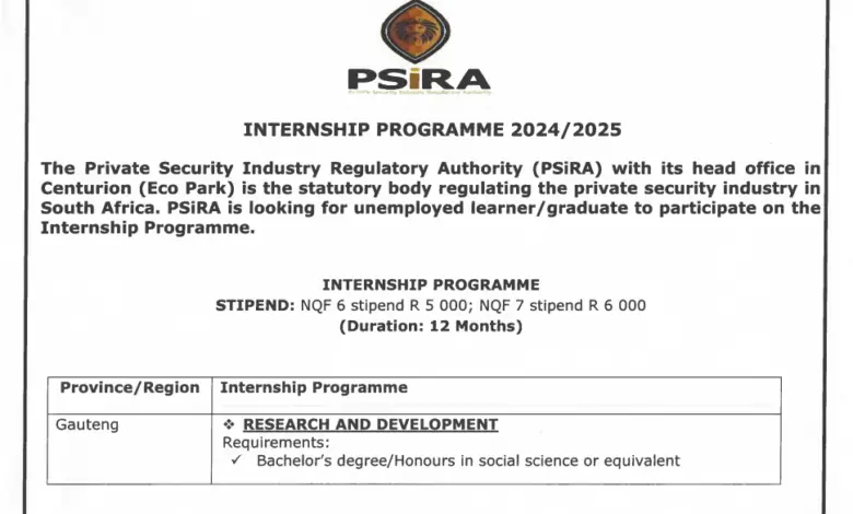 R5 000-R6 000 Per Month Internship Programme At The Private Security Industry Regulatory Authority (PSIRA) 