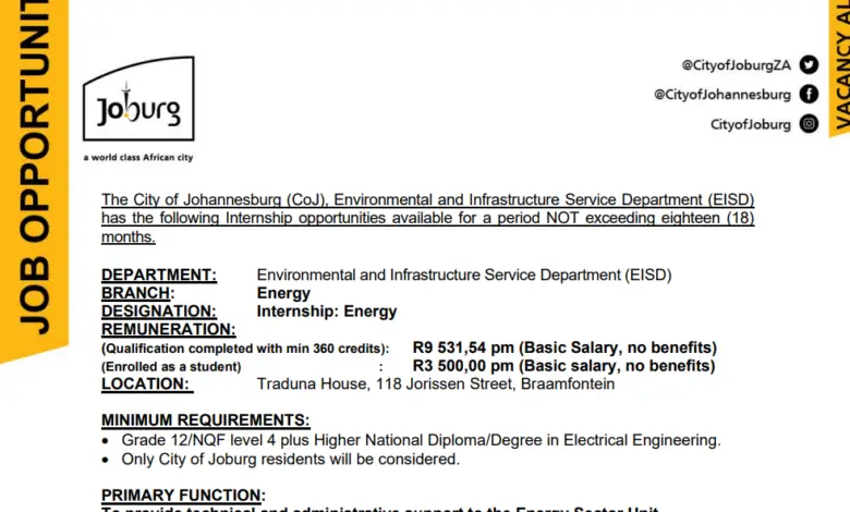 R9 531,54 per month City of Johannesburg energy internships